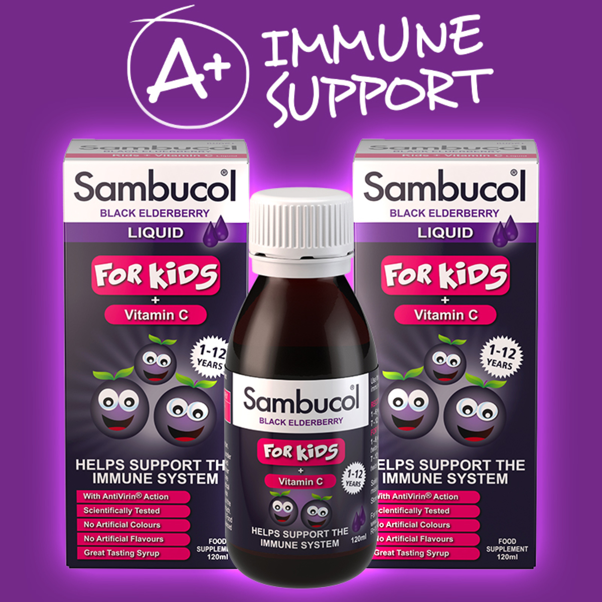 Siro tăng đề kháng Sambucol Black Elderberry Liquid For Kids + Vitamin C 120ml (Uk) cho bé từ 1-12 t